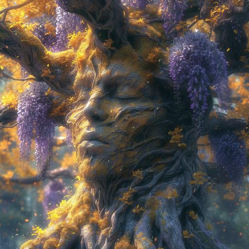 yellow yggdrasil rooted tree with wisteria leaves, tree spirit face carved into the tree,standing in an wisteria rainworld of supernatural flowers --s 600 --v 6.0 --c 15