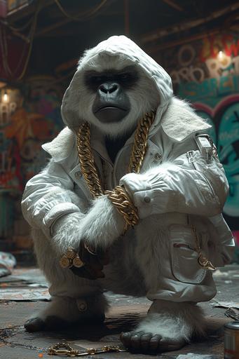 yeti as an urban gangsta rapper wearing a gold chain necklace, crouching in a gangsta pose in the style of eazy-e, graffiti in the background, photorealism --ar 2:3 --v 6.0 --s 750