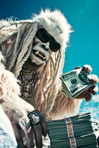 yeti with braided hair throws down a stack of 100 dollar bills, low angles, gangsta fotos. --ar 2:3 --v 6.0