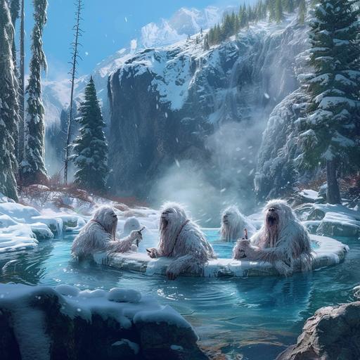 yetis partying in a natural geyser hot tub --v 6.0