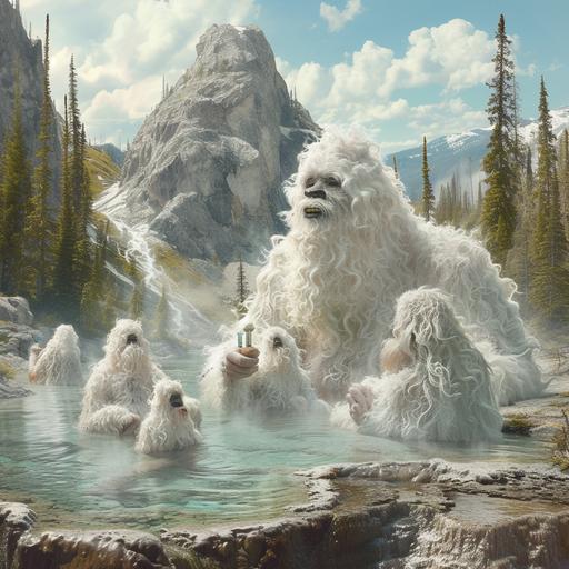 yetis partying in a natural geyser hot tub --v 6.0