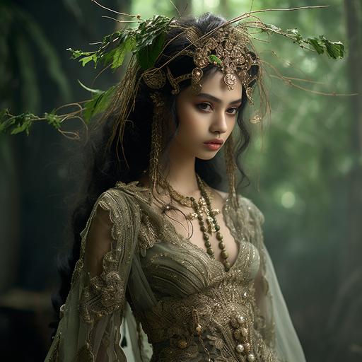 Eastern-inspired elf exudes ethereal grace with almond-shaped, mystical eyes, delicate features, and jet-black hair adorned with a blend of nature-inspired elegance and fantasy elements, wear garments crafted from rich, earthy fabrics like mossy greens and woodland browns, elaborate leaf and vine motifs, intricately embroidered, the attire typically includes a tunic or gown, layered with a cloak featuring a hood adorned with faux leaves,mystical accessories complete the enchanting blend of fantasy and elegance.