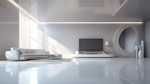 Gray and white tones, Google technology style, simple and bright, glossy tile floor, mirror reflection, colored light strips, feeling colder, white glossy curved table, sofa chair, TV and matching TV wall --ar 16:9 --v 5.2