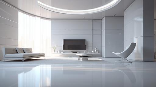 Gray and white tones, Google technology style, simple and bright, glossy tile floor, mirror reflection, colored light strips, feeling colder, white glossy curved table, sofa chair, TV and matching TV wall --ar 16:9 --v 5.2