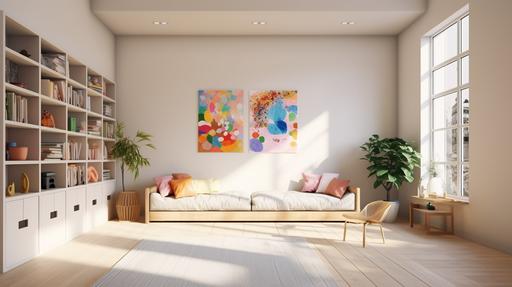 Rich colors, bright colors, children's room, colorful cushions, light-colored wood grain furniture, soft lighting, pop style, large sofa chairs, a table, hangers, plants, cabinets, childlike feeling --ar 16:9 --v 5.2