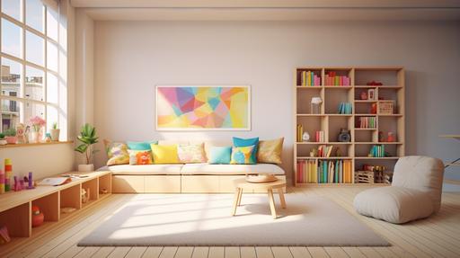 Rich colors, bright colors, children's room, colorful cushions, light-colored wood grain furniture, soft lighting, pop style, large sofa chairs, a table, hangers, plants, cabinets, childlike feeling --ar 16:9 --v 5.2