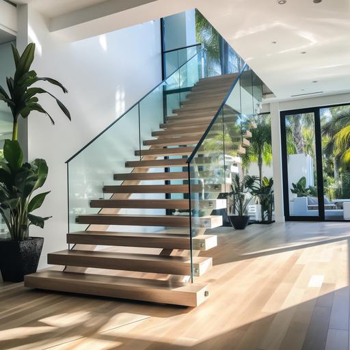 you are a custom home builder. Design a custom staircase with glass railing, white oak treads, center metal beam structure, summer time home, miami beach style modern home.