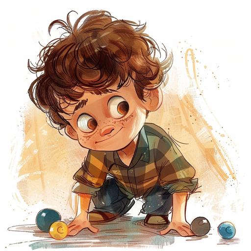 you are an illustrator for a children's book about a human boy named Stevie, playing marbles with friends, children's book, brown hair, brown eyes, style