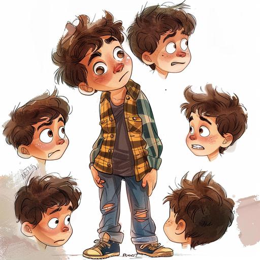 you are an illustrator for a children's book about a human boy named Stevie, multiple poses and expressions, children's book, brown hair, brown eyes, style