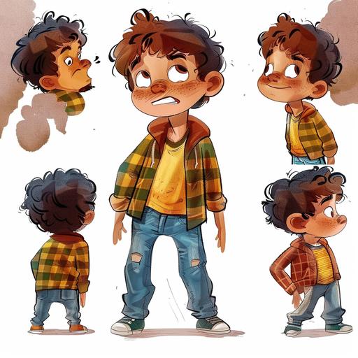 you are an illustrator for a children's book. create multiple poses and expressions from this reference image of the main character  100% white background, --no outline