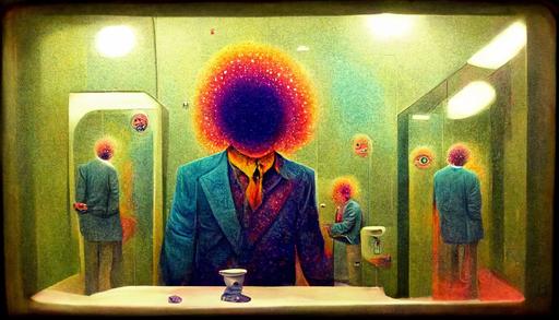 a man 40 years old watching in the mirror on lsd in the club restroom, trippy, psychedelic, --ar 16:9
