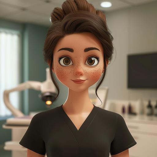 young 3D character, chubby brunette white girl with freckles, black esthetician scrubs, clinic background --v 6.0