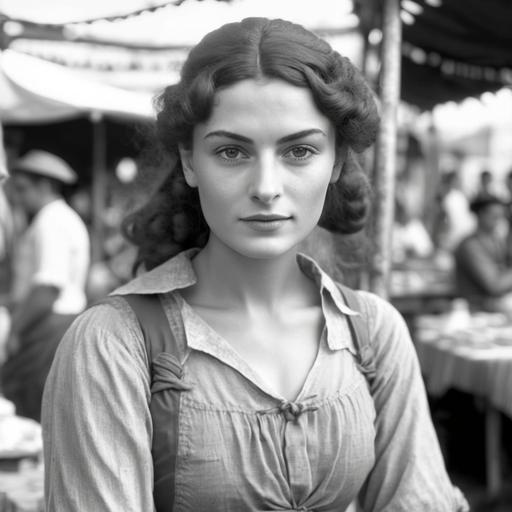 young Italian woman at a street market in Naples circa 1920 staring into camera, entire body in the picture, black and white photo, ultra realistic, HD, 8K, highly detailed