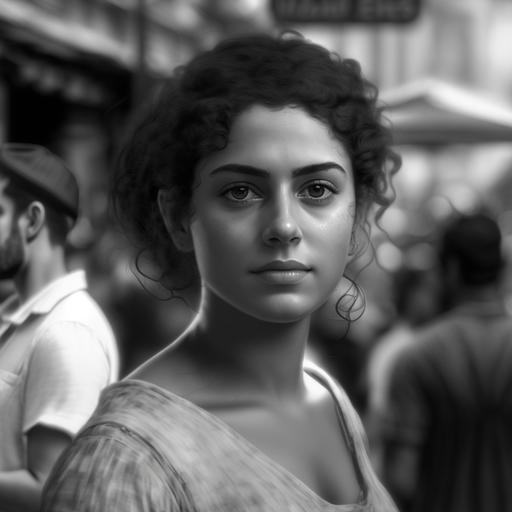 young Italian woman at a street market in Naples circa 1920 staring into camera, black@and white photo, ultra realistic, HD, 8K, highly detailed
