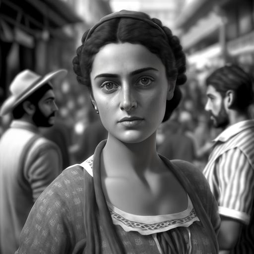 young Italian woman at a street market in Naples circa 1920 staring into camera, entire body in the picture, black and white photo, ultra realistic, HD, 8K, highly detailed