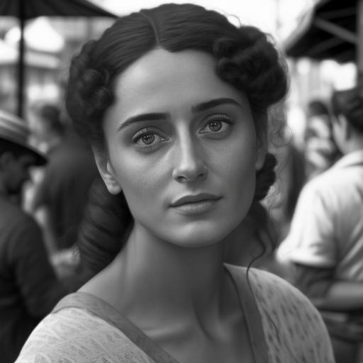 young Italian woman at a street market in Naples circa 1920 staring into camera, black@and white photo, ultra realistic, HD, 8K, highly detailed