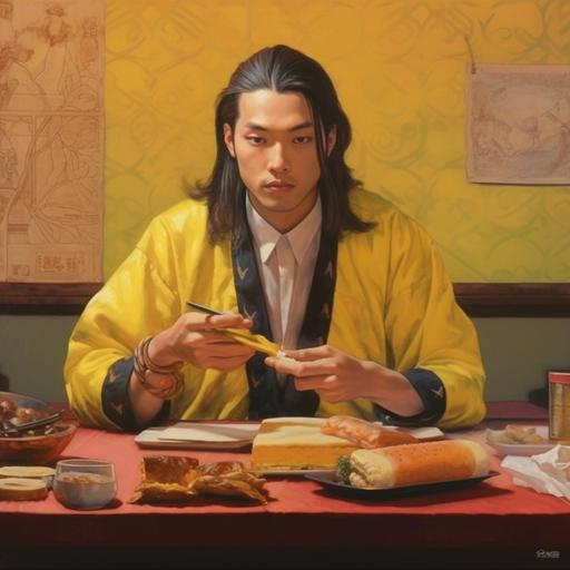 young Japanese man, long hair, tied above his head in a bun, sitting at the table with a sandwich with large slices of bacon. he wears a yellow sweatshirt with a samurai print and holds a plastic samurai sword in his right hand