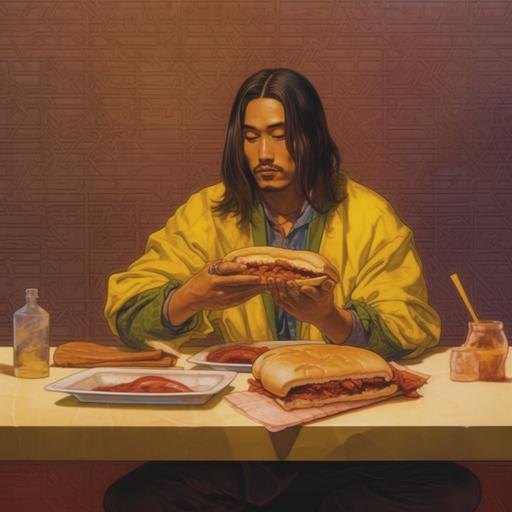 young Japanese man, long hair, tied above his head in a bun, sitting at the table with a sandwich with large slices of bacon. he wears a yellow sweatshirt with a samurai print and holds a plastic samurai sword in his right hand
