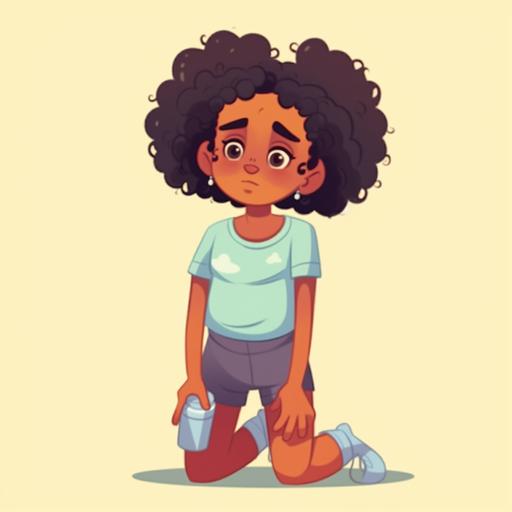 , young Rwandese girl, 8 years old, feeling sick, hunched over, lethargic, ill, sweating, holding stomach, 4k, cartoon, childrens book illustration style --s 250