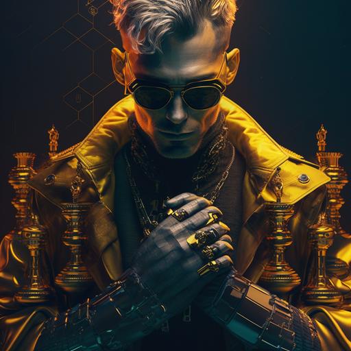 young adult, man, golden glasses with golden chains, golden chains, golden bracelets, giant chess, black and gold color palette, wallpaper, ultra-realistic, 4k, cyberpunk.