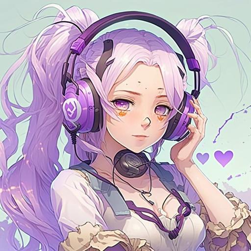 young adult purple and white hair, gaming headset, making a heart with her hands, rolling her eyes