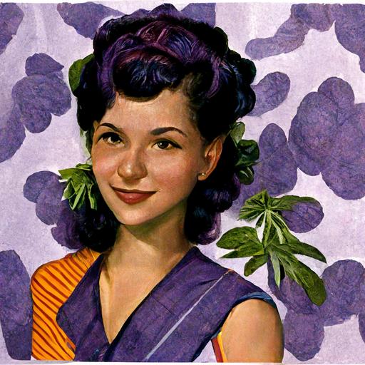 :: young american 1950's housewife, alien lavendar purple skin,  hyper realistic, gardening apron, pin up, bending over to water plants, potted plants on ground, blushing, dark purple hair, plaid bandana on head, freckles, intricate details, crystal hanging on string on neck, pin-up poster style