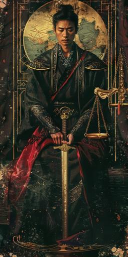 young asian man. justice is served. scales and a sword. photorealistic details. tarot card. --ar 1:2 --style raw
