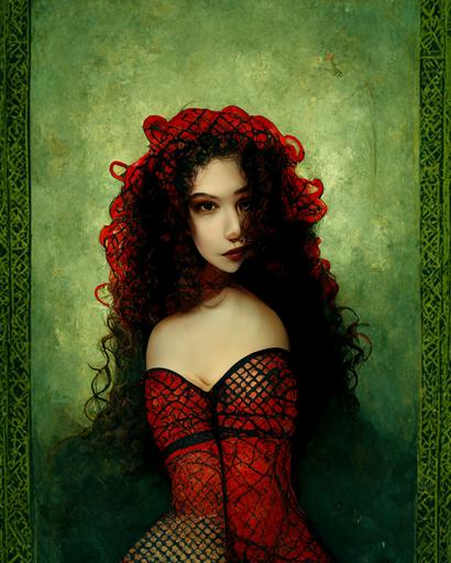 young beautiful adult women, shapely silhouette, tight black gothic corset, red fishnet stockings, red long curly hair, green eyes, lying on a baroque bed, photorelistic --ar 3:4