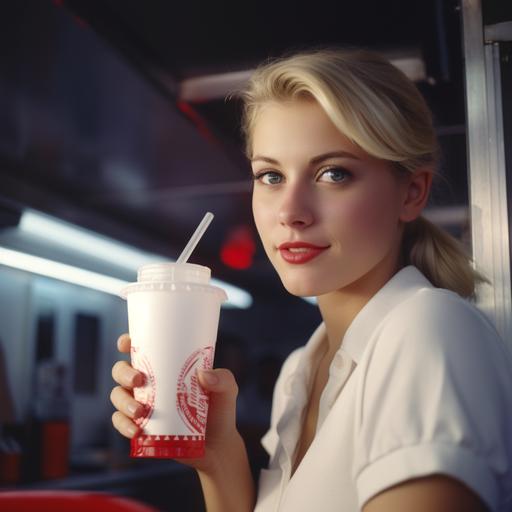 young beautiful blonde american girl waitress, wearing all white shirt, serving all white large styrofoam cup soda, with no logo on the soda cup, red straw, serving the soda from inside a silver food truck, clear facial features, Cinematic, 35mm lens, f/1.8, accent lighting, global illumination --uplight --v 5