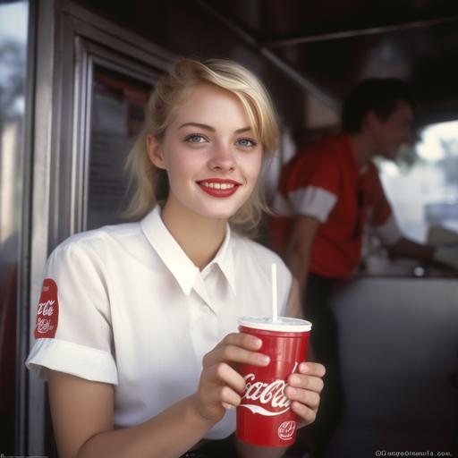 young beautiful blonde american girl waitress, wearing all white shirt, serving a large styrofoam cup soda, with a red logo on the soda cup, serving the soda from inside a silver food truck, clear facial features, Cinematic, 35mm lens, f/1.8, accent lighting, global illumination --uplight --v 5