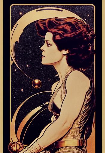 young beautiful strong sigourney weaver looking up, aliens movie, xenomorph biowalls art nouveau metalcore space opera by john alvin, Alphonse Mucha, HR Giger, James Cameron, art nouveau movie poster, black paper silver and gold ink, hyper detailed, smooth gradients, full frame borders, tome mapping, hyper detailed UE5 8k —ar 2:3 —testp --upbeta