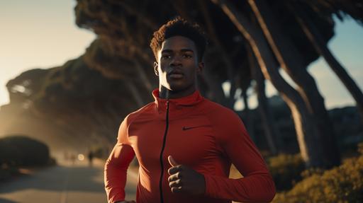 young black man training for a race in Carmel, California. Cinematic. Fever dream. Optimistic. Shallow depth of field. --ar 16:9