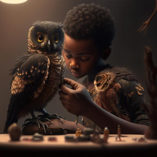 young black taxidermist stuffing an owl, maya render, after effects, highly detailed, illustration, autodesk 3d cgi, davinciresolve, 8k, houdini, 8k, --q 2 --v 4