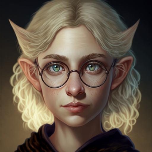 , young blonde gnome woman with round glasses, hyper realistic, volumetric lighting, Highly detailed --v 4