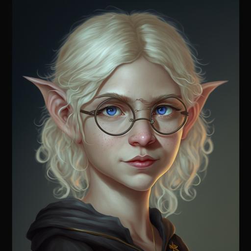 , young blonde gnome woman with round glasses, hyper realistic, volumetric lighting, Highly detailed --v 4