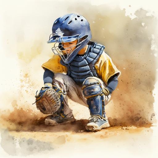 young boy as a catcher wearing a blue and yellow jersey with the number 62, blocking a pitch in the dirt in watercolor style