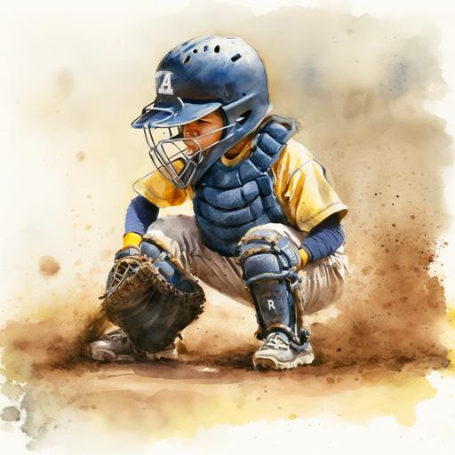young boy as a catcher wearing a blue and yellow jersey with the number 62, blocking a pitch in the dirt in watercolor style