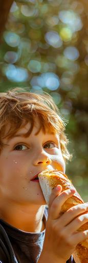 young boy eating a medium size baguette in a sunny day, photo quality, --ar 1:3