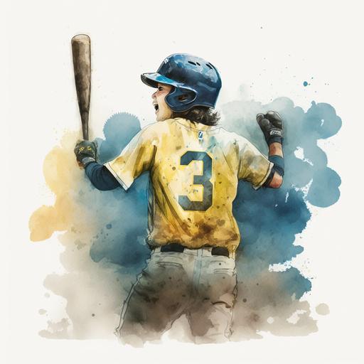 young boy wearing a blue and yellow jersey with the number 3, hitting a game winning home run in watercolor style