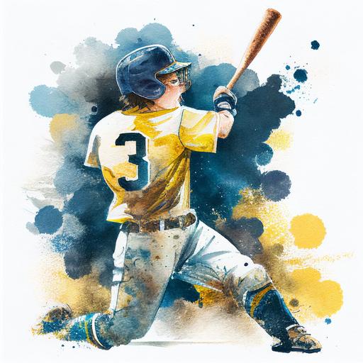 young boy wearing a blue and yellow jersey with the number 3, hitting a game winning home run in watercolor style