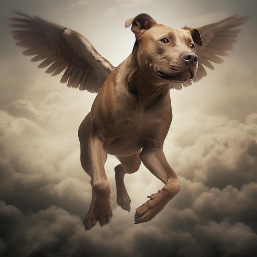 young brown female pitbull , angel wings, running over the clouds