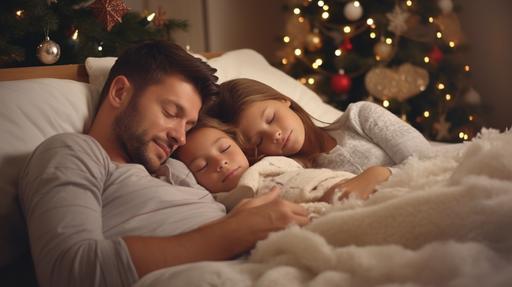 young caucasian Family sleeping together on bed Morning - mother, father and their little childs- Light white bedding. Christmas wreath a comfortable and cocooning room. Red , gold and white Christmas tree and gifts at its base. Soft light. family spirit, cocooning moment, Christmas morning. sleep. high detail v5.2 --ar 16:9