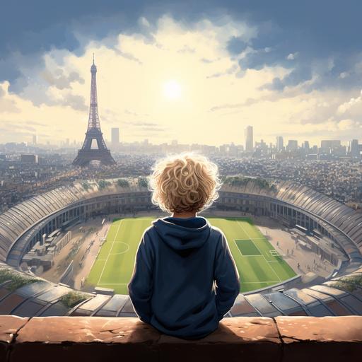 young child from behind, wavy blond hair with a blue jersey, on the roof of Parc des Princes Stadium, eiffel tower in background, cartoon design and pastel colors