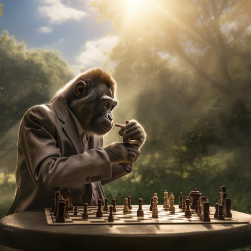 young, classy monkey playing chess in a park