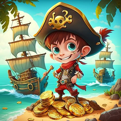 young cute boy pirate manga cartoon style with pirate ship and sea background, the pirate flag flutters behind him, the pirate skull on his hat, a treasury full of gold coins, more details very colorfull, smily happy shinny, good vibes, 3D art and 8K