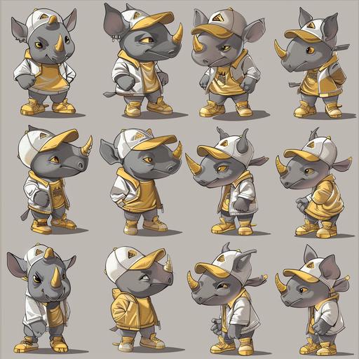 young cute cartool rhinocerous. character sheet. 9 by 9 character. in different poses. different emotions. gold sneakers. gray shorts. gold and grey soccer jersey. gold hat. pixar style