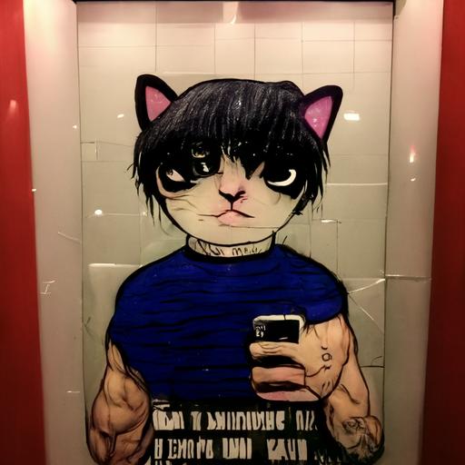 young emo meme cat with bangs and muscles taking a selfie at a night club bathroom meme aesthetic