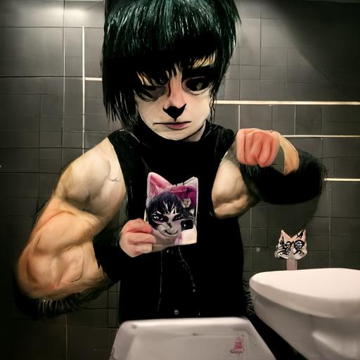 young emo meme cat with bangs and muscles taking a selfie at a night club bathroom meme aesthetic