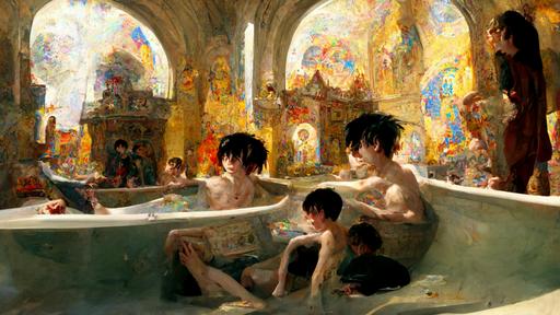 young emos with colorful bangs in a bathhouse, intricate detailed tub, big tall cathedral windows, god rays, rembrant, 1400, dean cornwell, epic scale, golden ratio --ar 16:9