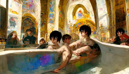 young emos with colorful bangs in a bathhouse, intricate detailed tub, big tall cathedral windows, god rays, rembrant, 1400, dean cornwell, epic scale, golden ratio --ar 16:9